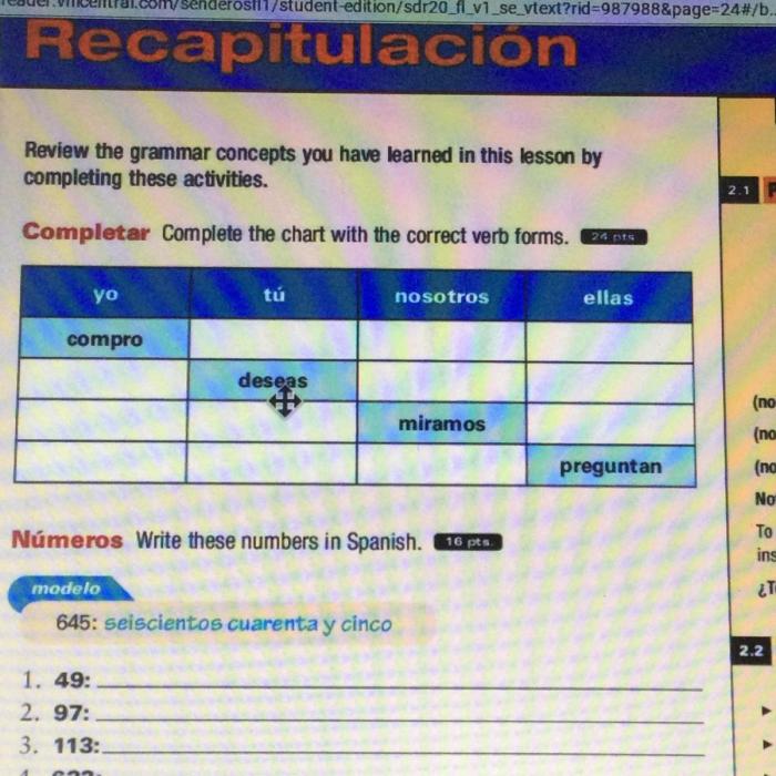 Completarcomplete the chart with the correct verb forms